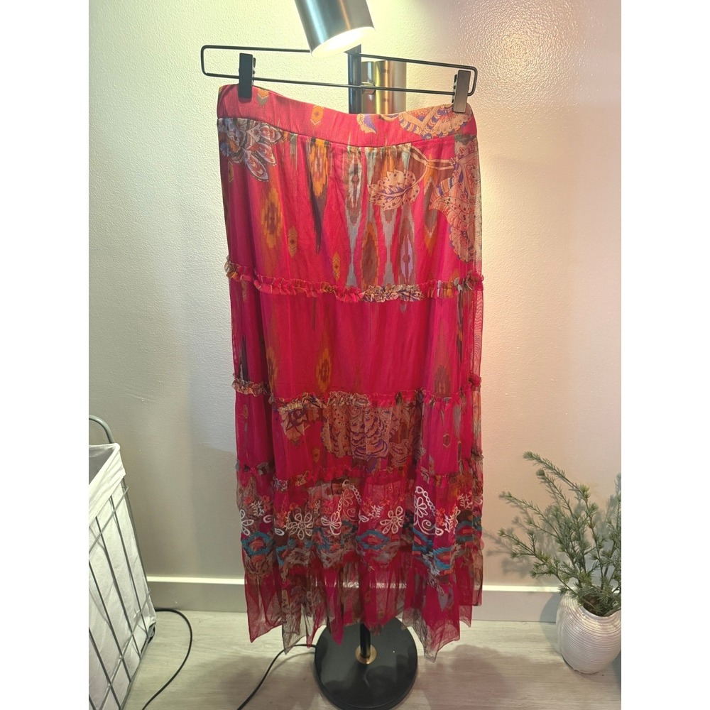 Johnny Was Biya Womens Pink Ikat Embroidered Mesh Tiered Maxi Skirt Large - Picture 1 of 5